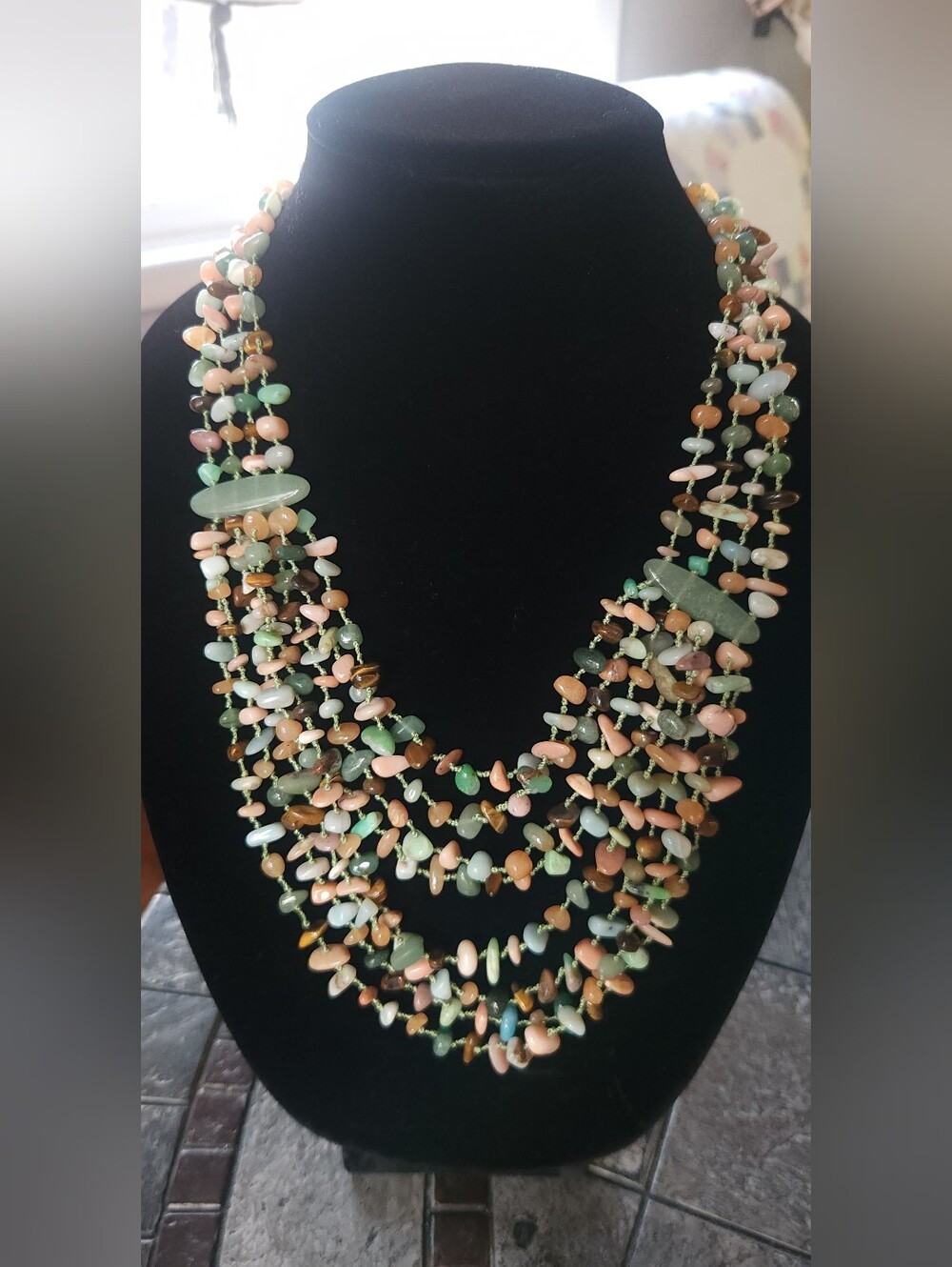 Multicolor Stone Chip Multi Strand Statement Necklace Green Pink